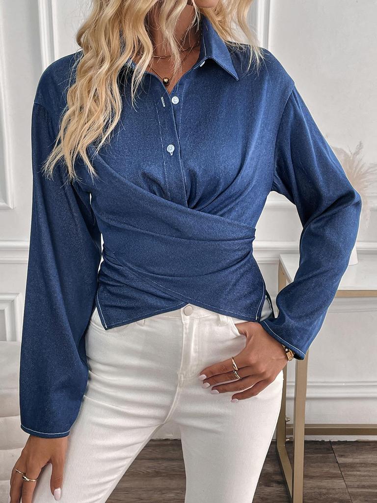 2024 Осень Французская Женская Рубашка с Длинным Рукавом, Рюшами и Перекрестной Завязкой