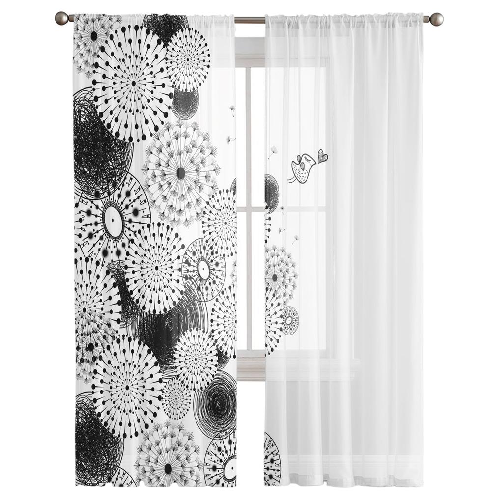 Цветок одуванчика, черно-белые тюлевые оконные шторы для гостиной, пряжа из органзы, прозрачная вуаль, занавеска для спальни, кухни, домашний декор, драпировка