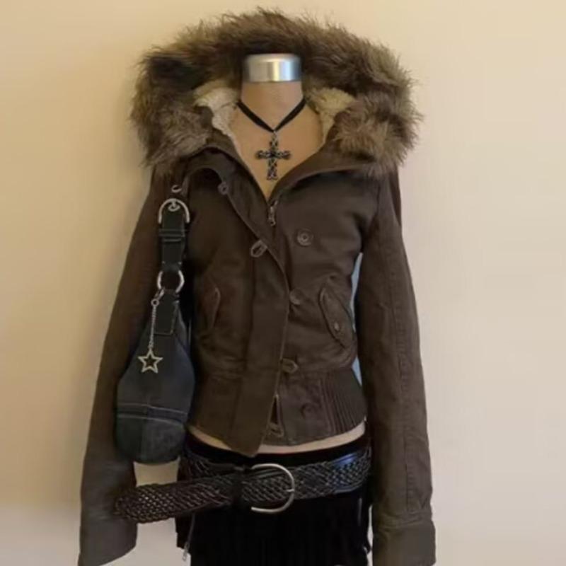 Winter Retro Faux Fur Coats Women 2000s American Vintage Hoodie Jackets Harajuku Goth Punk Clothes Female Outwear Y2k Streetwear