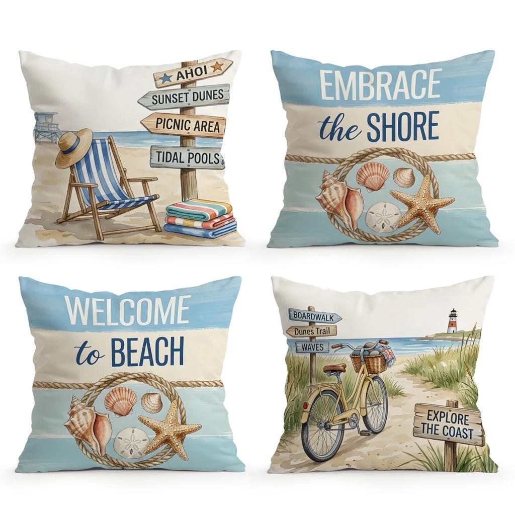 4 Pcs Coastal Beach Single-Sided Printed Pillowcase Cushion Cover,Suitable For Living Room,Bedroom,Car Decoration