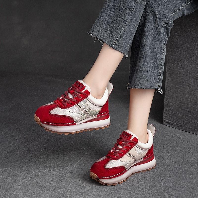 Johnature Genuine Leather Mixed Colors Lace-up Sneakers Women Leisure Sport Soft Sole Comfortable Shoes