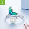 S925 Sterling Silver Bead Mermaid Open Ring, Elegant Dream Man Fishtail Ring Jewelry
