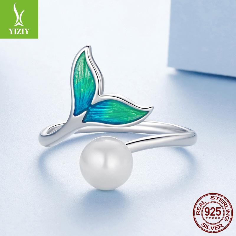 S925 Sterling Silver Bead Mermaid Open Ring, Elegant Dream Man Fishtail Ring Jewelry