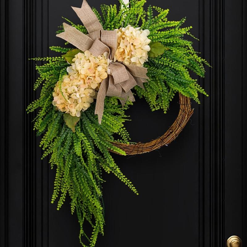 Рустикальный цветочный венок Настенное украшение Ротанговая рама С искусственными цветами гортензии Украшение Для интерьера