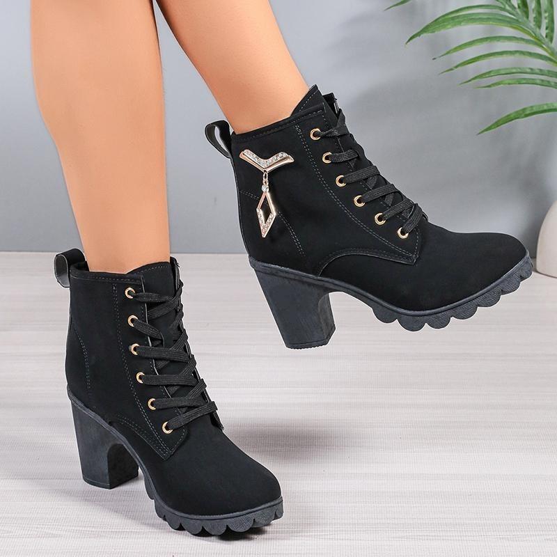 Women's Chunky Heeled Ankle Boots Metal Decoration High Heels Booties Woman Autumn Lace Up Platform Short Boots Plus Size