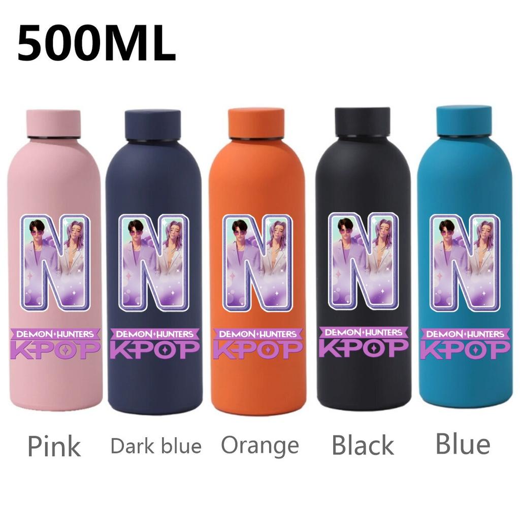 500ML KPop Demon Hunters Sport Leak Proof Stainless Steel Insulated Mug Water Cup Letter Number Cartoon Print Birthday Gifts
