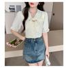 Women White Bow Neck Puff Sleeve Button Down Textured Casual Blouse