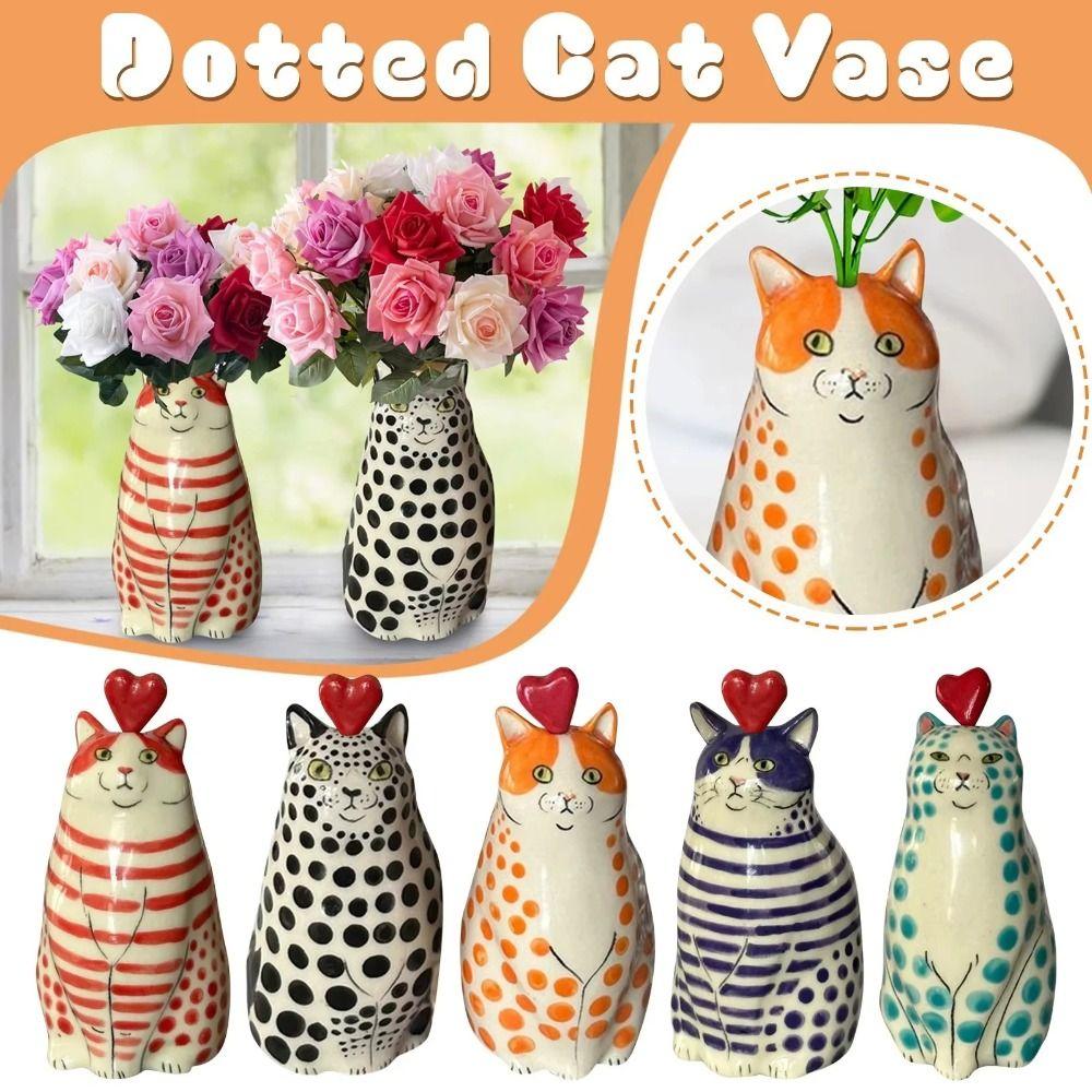 Cute Polka Dot Cat Vase Multicolor Tiny Animal Flower Vase Decorative Bottles Home