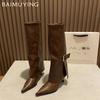 Женские высокие сапоги с острым носком, кожаные, модные, сексуальные, на среднем каблуке, тренд 2025, дизайнерские ботфорты до колена, готические, зимние, Botas De Mujer