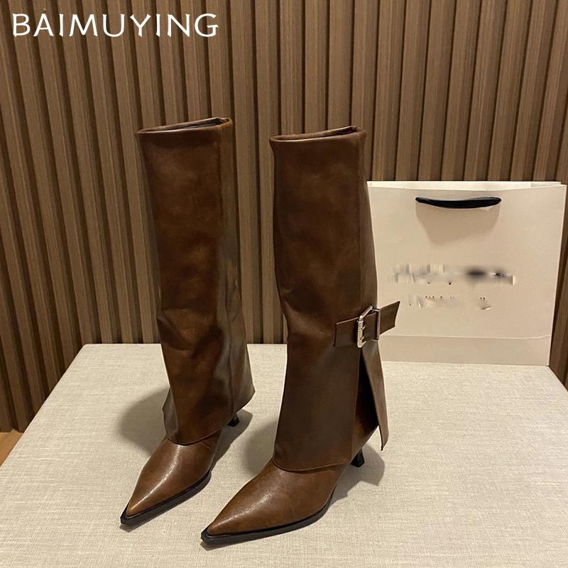 Женские высокие сапоги с острым носком, кожаные, модные, сексуальные, на среднем каблуке, тренд 2025, дизайнерские ботфорты до колена, готические, зимние, Botas De Mujer