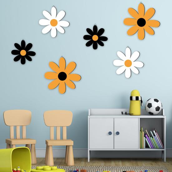 6Pcs/Set Rustic Wooden Flower Wall Decoration Handcrafted Black Yellow White Floral Wall Art Home Office Living Room Bedroom Wall Hanging Ornament