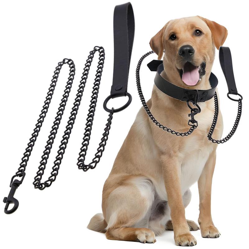 Durable Anti-Bite Metal Dog Chain Lead Chain Leash Handle Leads Leather Iron Chain for Small Large Medium Dogs Outdoor Training