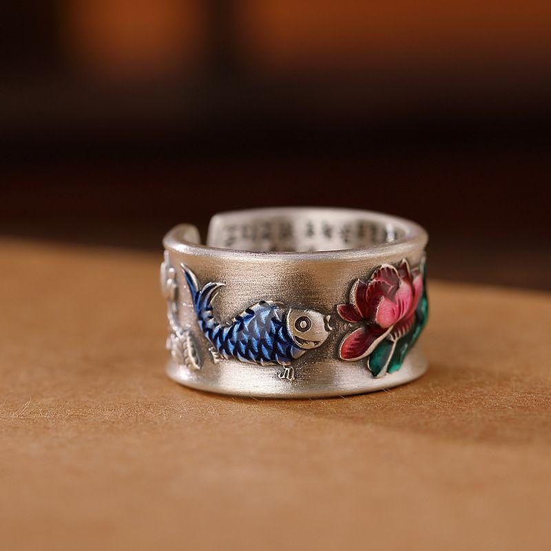 Smoky Retro Cloisonné Koi Lotus Heart Sutra Couple Rings - National Style Jewelry