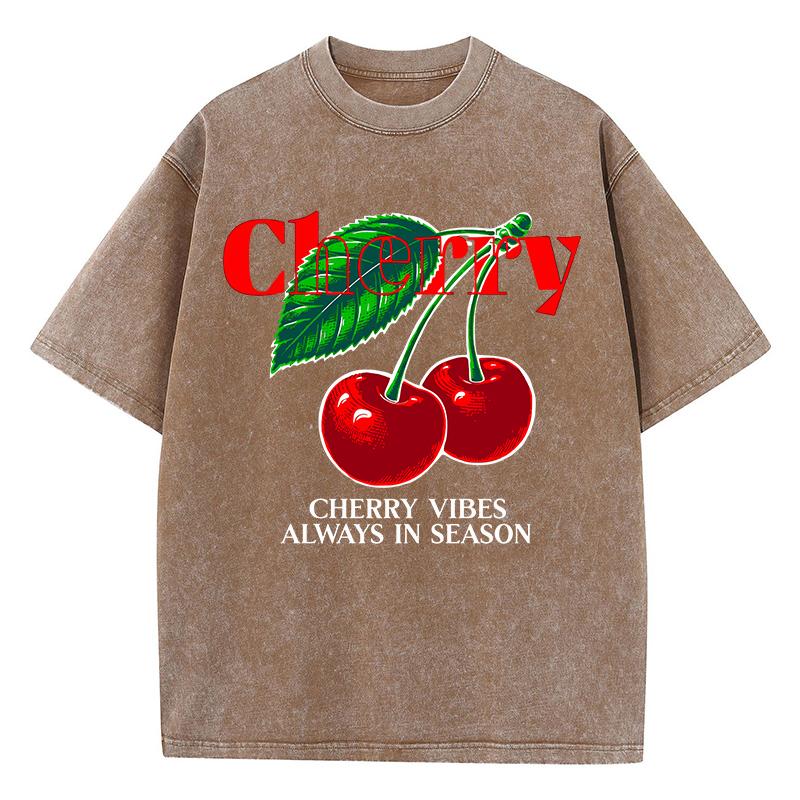 Повседневные женские футболки с кислотной стиркой, принты Cherry Vibes Always In Season, футболки с эффектом потертости, оверсайз, из хлопка, с коротким рукавом
