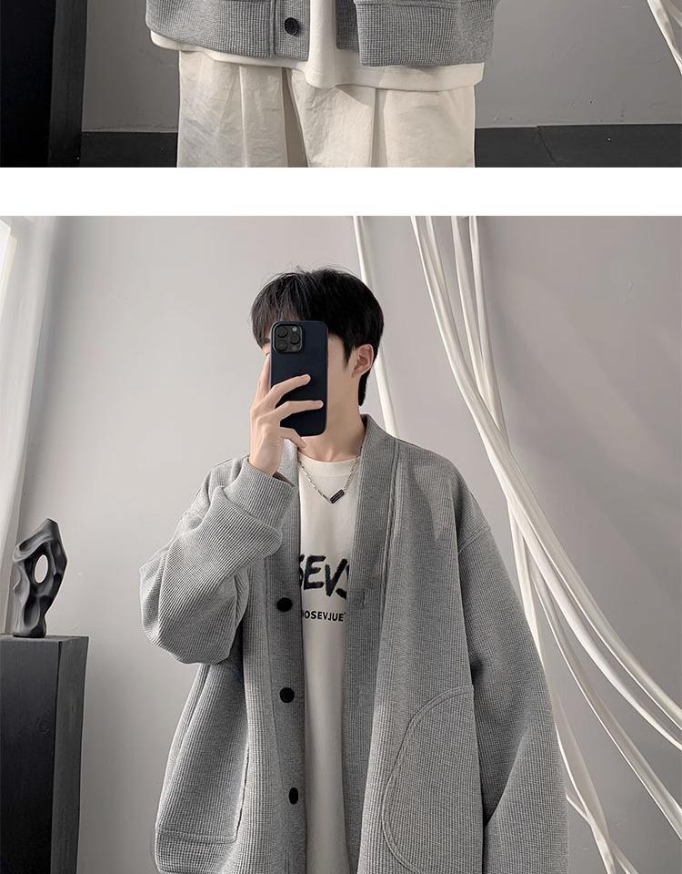 Мужской модный вафельный кардиган-худи с V-образным вырезом - Повседневная свободная куртка на весну/осень