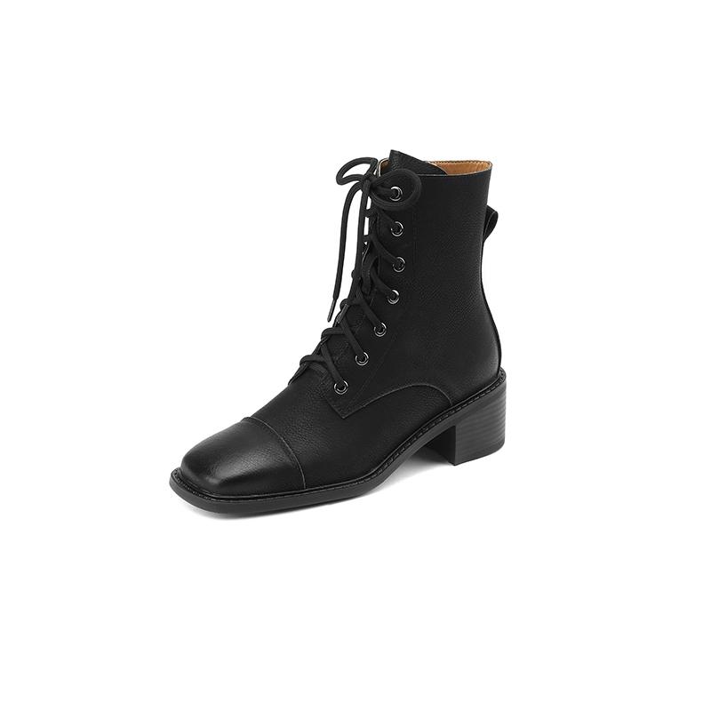 2024 New Cross-Tied Women Short Boots Autumn Winter Genuine Leather Office Lady Square Toe Side Zipper Shoes Woman Ankle Boots