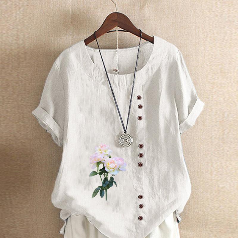 Женская модная футболка с коротким рукавом с цветочным принтом, свободная хлопковая рубашка, повседневная свободная летняя блузка, топы больших размеров