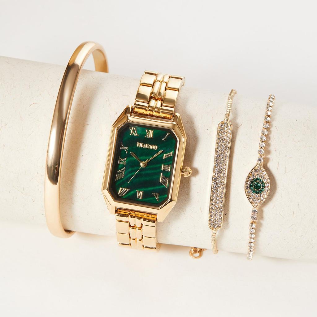 Золотые часы японский кварц подарочный набор элегантные часы из нержавеющей стали 3 браслета подарочная упаковка [TIME100] женские (Золотой цвет)