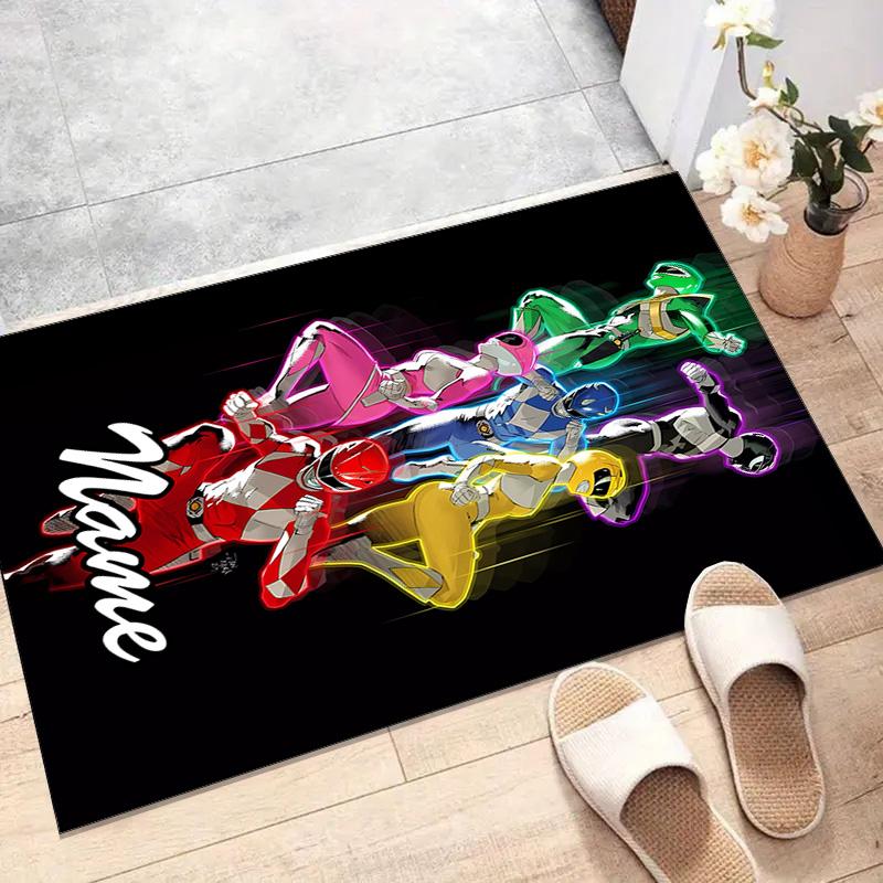 Custom Mighty Morphin Power Rangers Mat Personalized Name, Polyester Washable Indoor Entryway Rug, Gift for Christmas, Easter, Thanksgiving Day