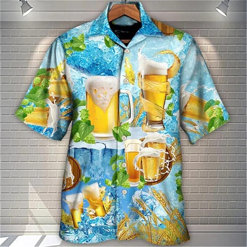 Vintage Hawaiian Shirts For Men 3d Beer Print Oversized Womens Clothes Beach Party Blouse Street New Designs Short Sleeved Shirt