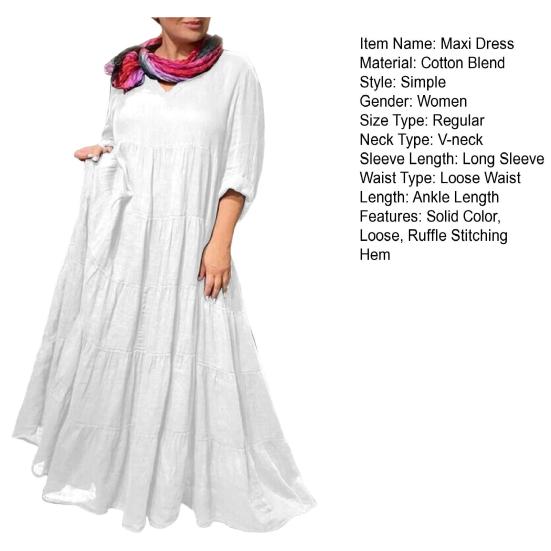 Женское платье макси с V-образным вырезом, длинными рукавами, однотонное длинное платье с оборками, плиссированным подолом, летнее платье для отдыха