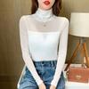 Woman Fashion Slim Sexy Gauze Lace T-Shirt Turtleneck All-match Long Sleeve Elegant Pullover Female Chic Solid Casual Tops 2022