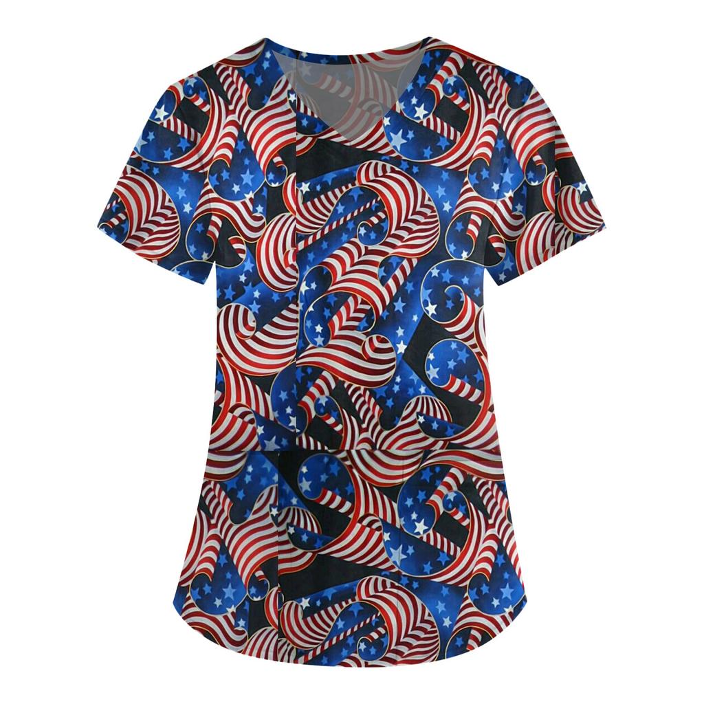 Women's Short Sleeve V-Neck Independence Day Printed Pocket Carer Top