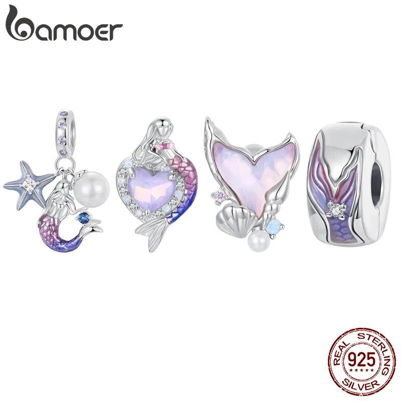 BAMOER Dainty 925 Sterling Silver Dreamy Mermaid Charm Fish Tail Silicone Spacer Bead Charm for Women Fit Original Bracelet