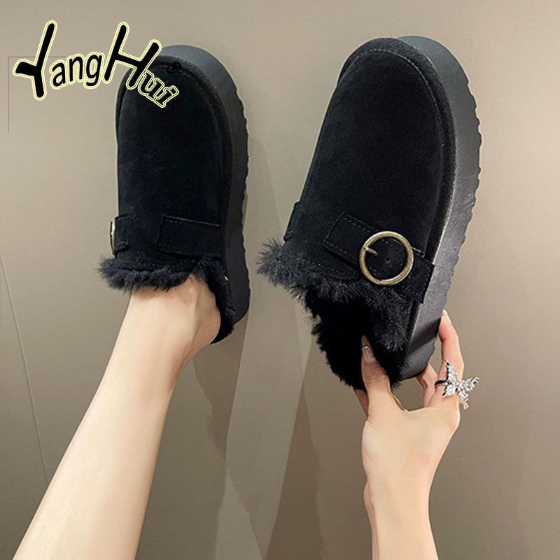Women Modern Slippers Belt Buckle Retro Plus Velvet Thicken Keep Warm Waterproof Snow Shoes Winter 2024 New Fashion
