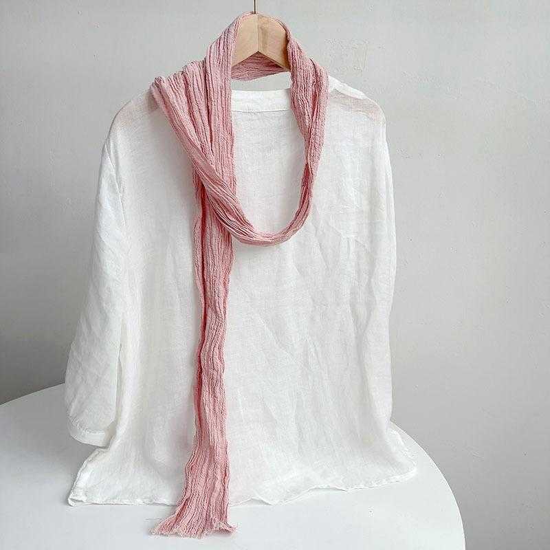 Retro Pleated Ramie Scarf Slender And Narrow Long Silk Scarf Japanese Mori Women Versatile Extended Neck Protector Scarf Shawl