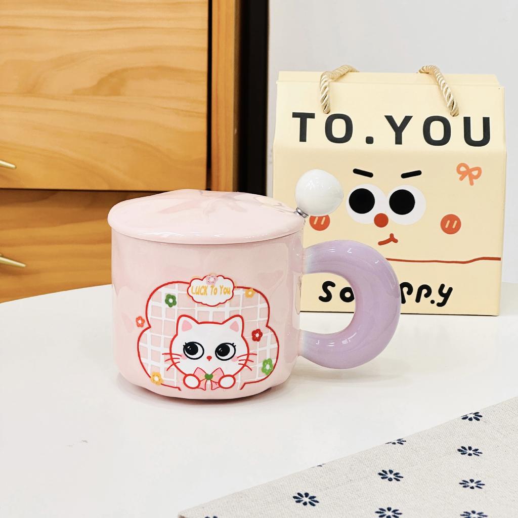 Small Fresh Cat Ceramic Cup for Home Use High Value Cartoon Mug with Cover Spoon Wedding Souvenir Gift Cup