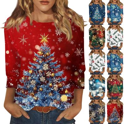 Женская модная повседневная футболка с круглым вырезом и рукавом три четверти с рождественским принтом