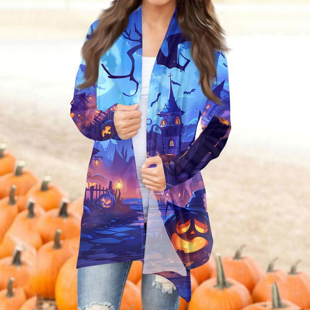 Женская модная повседневная куртка-кардиган средней длины с принтом на Хэллоуин и нерегулярным подолом