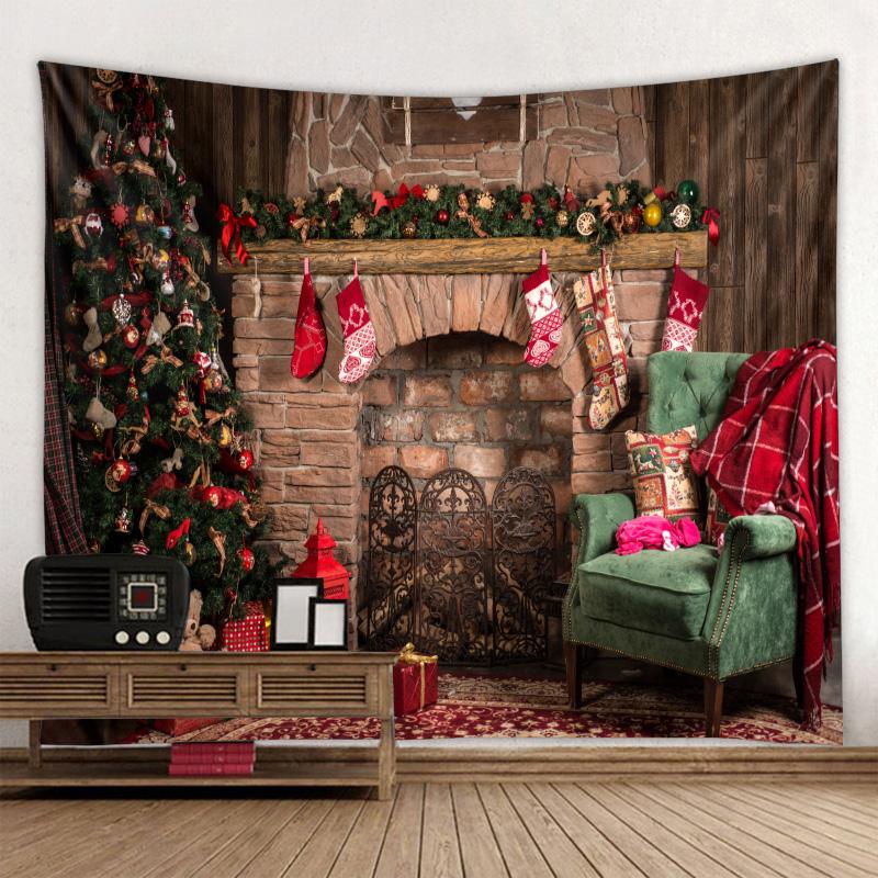Fireplace Christmas Tree Print Tapestry Christmas Room Wall Decoration Backdrop Fabric Home Decor Tapestry Tapeçaria De Natal