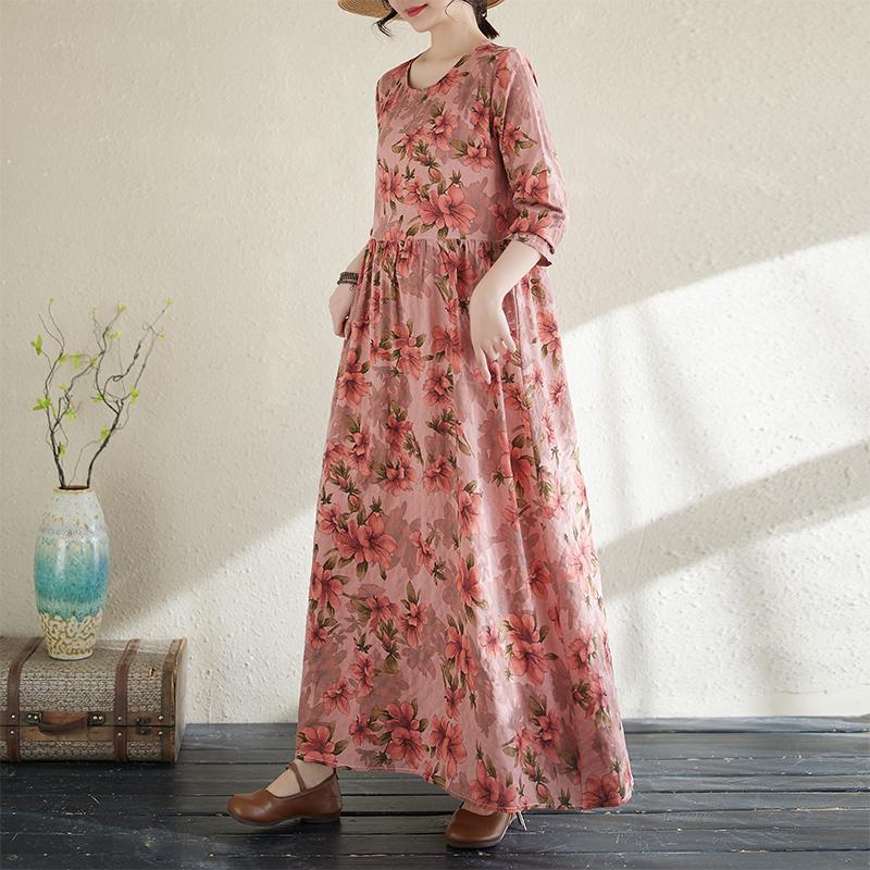 DIMANAF 2025 Women New Plus Size Spring Long Dress Long Sleeve Loose Casual Vintage Maxi Holiday Floral