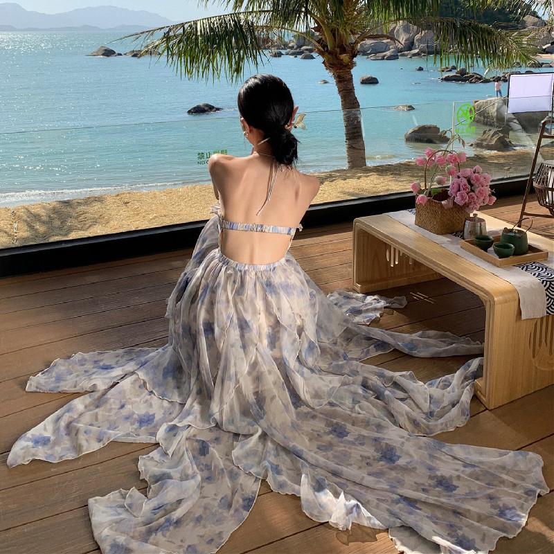 Женские летние свободные платья с цветочным принтом, висящей шеей, талией, открытой спиной, без рукавов, большие качели