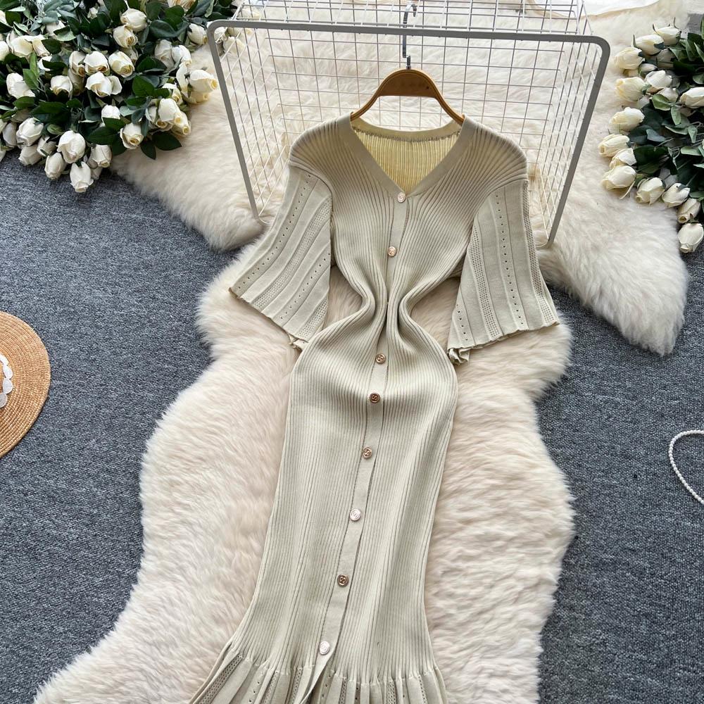 Летние женские элегантные платья-свитера облегающего кроя с V-образным вырезом и застежкой на одну пуговицу, длинные макси с юбкой «рыбий хвост»