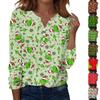 Women's Fashion Casual V-Neck Long Sleeve Decorative Button Christmas Print Top