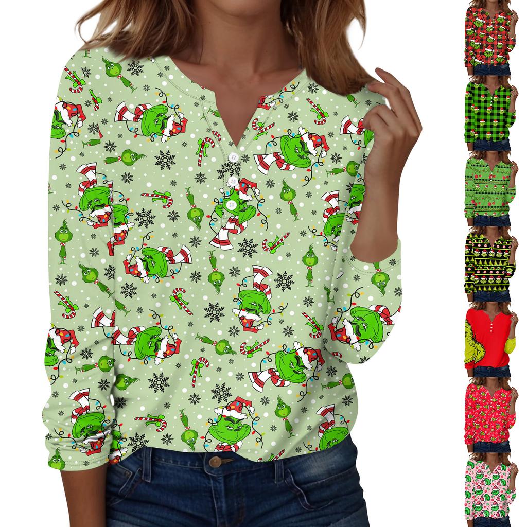Women's Fashion Casual V-Neck Long Sleeve Decorative Button Christmas Print Top