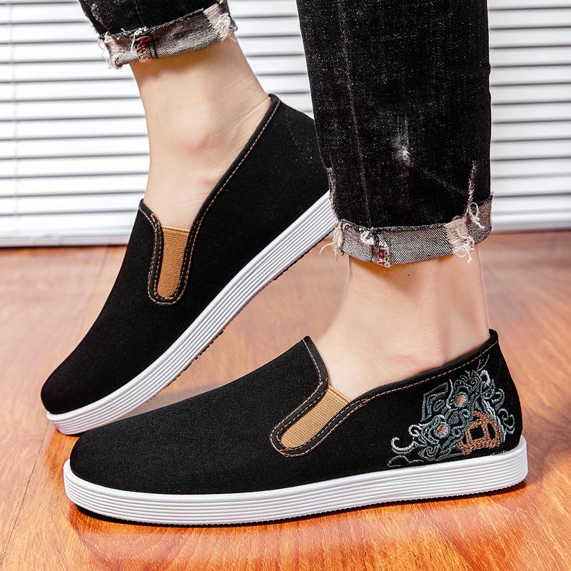 Men's Old Beijing Cloth Shoes Single Shoes Embroidery Spring and Autumn New Breathable One-pedal Lazy Shoes Black Casual Shoes