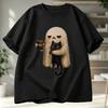 Ghost Holding Black Cat With Coffee Cup Vintage Art Print Graphic Womens T Shirt Short Sleeve Crew Neck Casual Ladies Tee Tops