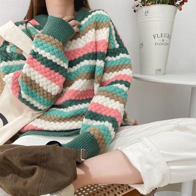 Полосатый утепленный зимний свитер, женский осенний модный красочный свободный джемпер большого размера с круглым вырезом и длинными рукавами, свободные пуловеры
