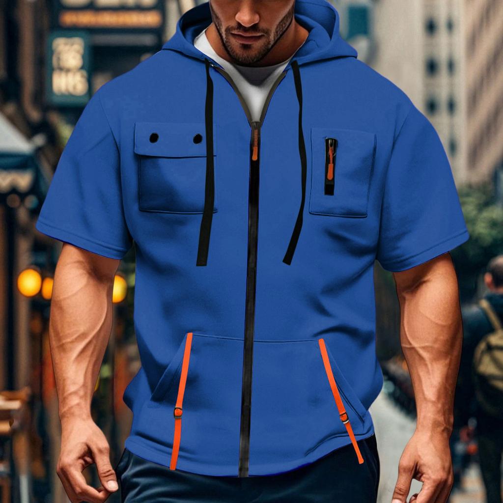 Men's Casual Short-sleeved Sweatshirt. Loose And Breathable Solid-color Sweatshirt Jacket With Multiple Pockets And A Zipper.