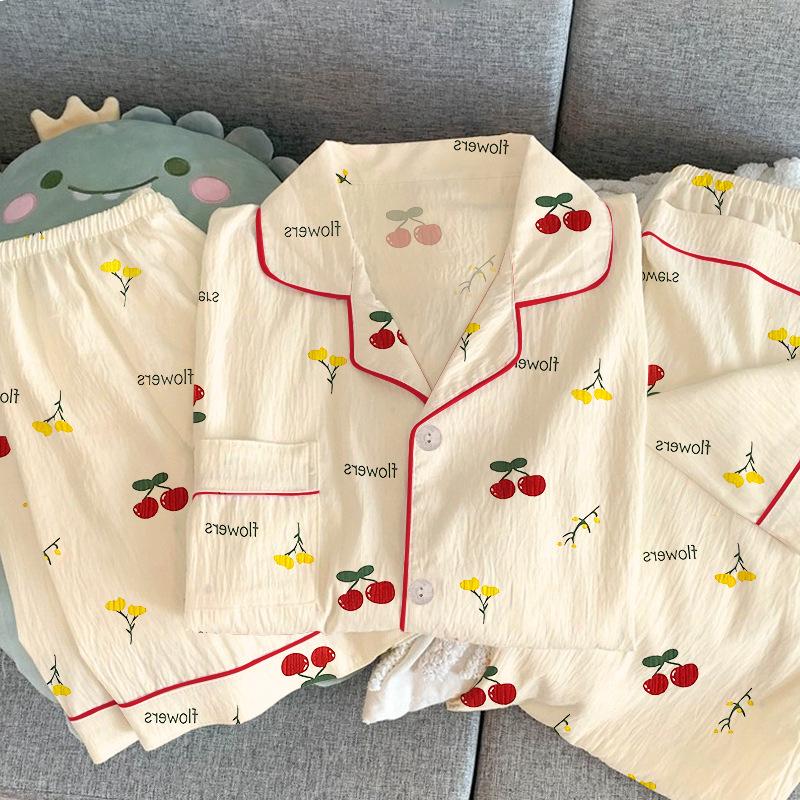 Пижама женская летняя из мятой ткани с коротким рукавом, комплект из трех предметов, милая красная вишня, весенне-летняя тонкая домашняя одежда