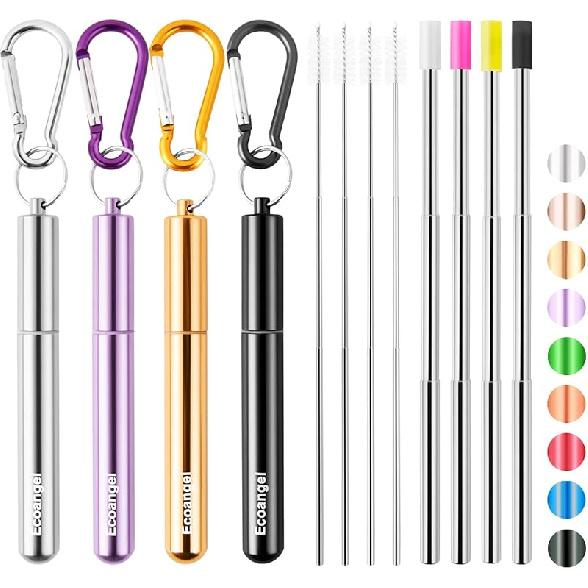 Cruise Ship Essentials,4-Pack reble Collapsible Stainless Steel Drinking Straws with Aluminum Case,Cleaning Brush,and Keycha-Silver,Blue,Red,Green