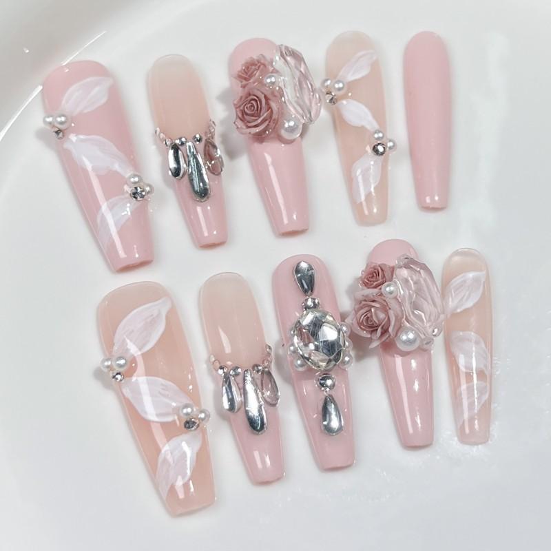 Long Press-On Nails With Rose Floral Design Elegant French Style Thin Invisible Tips Women