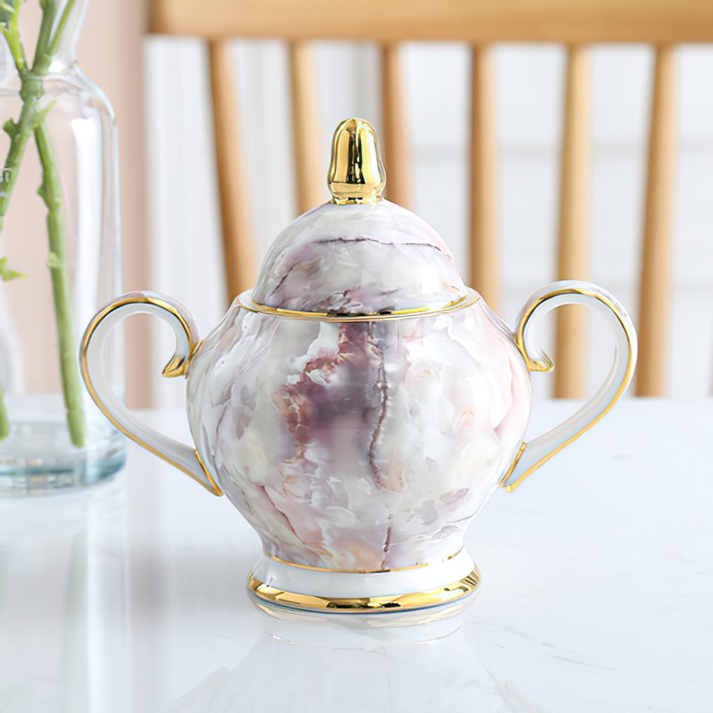 Ceramic Gold Inlay Tea Pot and Cup Set Marbling Purple Drinkware Europe Ceramic Mug Sugar Bowl Creamer Afternoon Tea Coffeeware