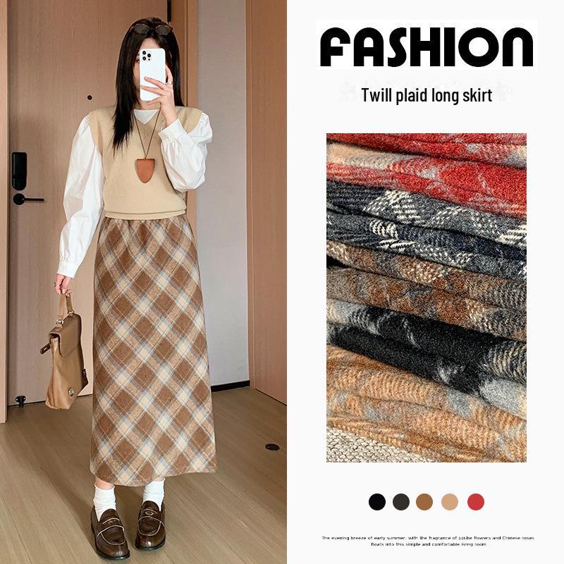 Женская шерстяная клетчатая юбка с высокой талией - узкий А-силуэт средней длины, утолщенная для осени/зимы 2024 г.