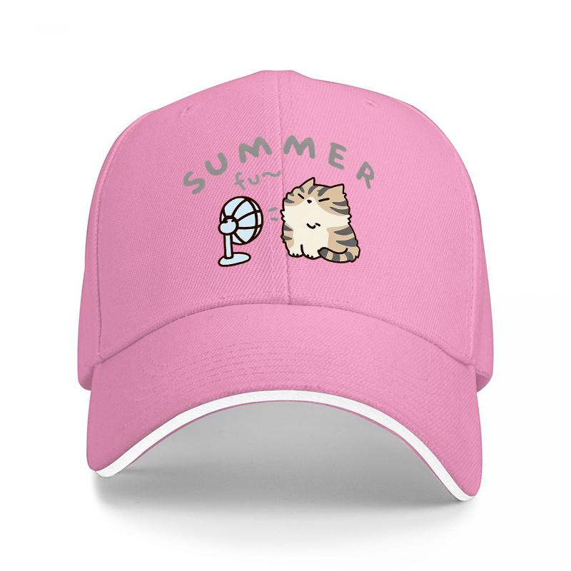 SUMMER FUN CAT WITH FAN DESIGN BLACK BASEBALL CAP FOR Unisex AND Women CASUAL STREETWEAR STYLE COOL SUMMER ACCESSORY