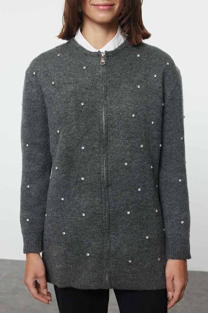 Женский модный стильный кардиган в хиджабе, серый трикотажный кардиган на молнии с деталью из камня